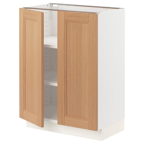 Open light oak kitchen cabinet with white frame, adjustable shelves.