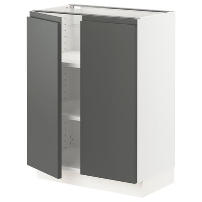 Modern grey ikea kitchen cabinet with open doors, adjustable shelves, and dark grey finish.