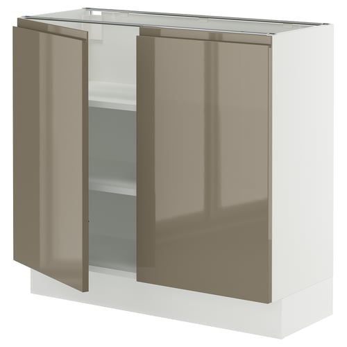 Modern kitchen cabinet with glass doors, featuring high gloss dark grey-brown finish, sleek handles, and adjustable shelves.