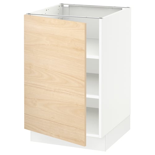 Modern white kitchen cabinet with light wood door, adjustable shelves.