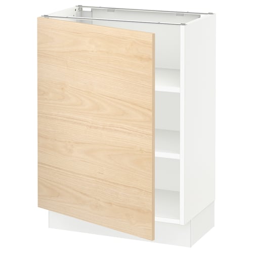 A SEKTION white kitchen cabinet with a light ash wood door. It has a square shape with adjustable shelves.