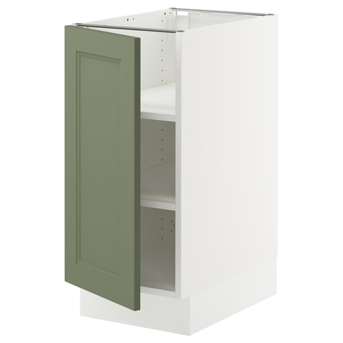 SEKTION kitchen cabinet, grey-green, white interior, square shape, modern design.
