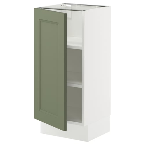 An open white and green kitchen cabinet with two shelves. It green doors and a modern design.