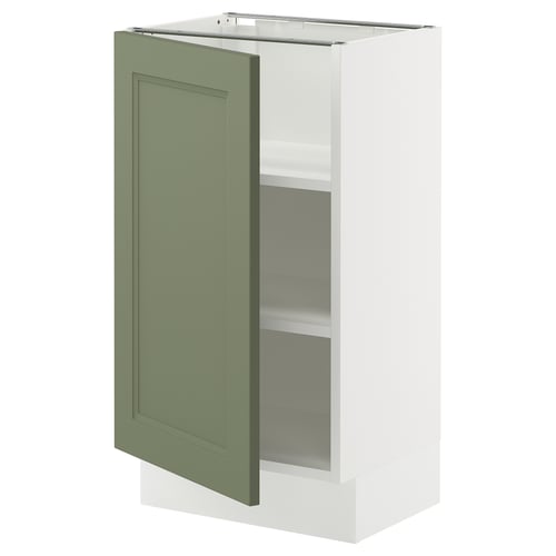 A white SEKTION kitchen cabinet with a green axstad door, featuring adjustable shelves and a hinge with a door damper.