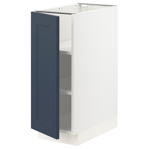 White & blue kitchen cabinet, open door, 3 shelves.
