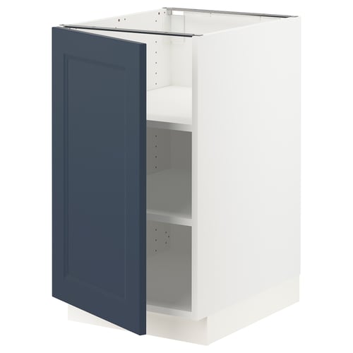 White SEKTION cabinet with blue door, open shelves.