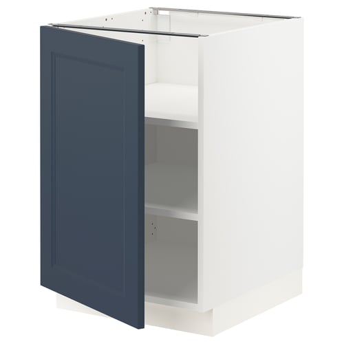 Blue kitchen cabinet door open, white base, adjustable shelves.