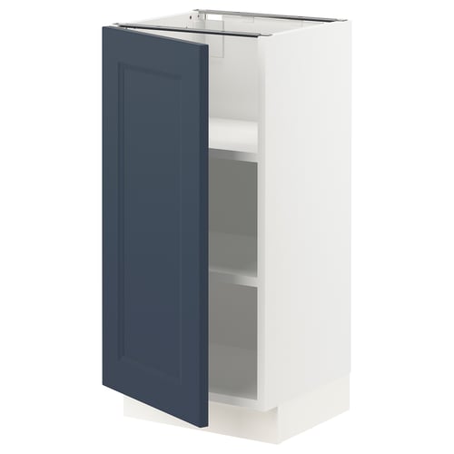 A blue cabinet from the SEKTION kitchen system, featuring a white frame and adjustable shelves.