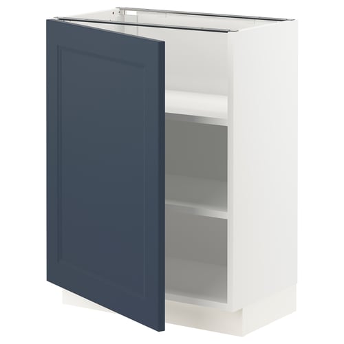 An ikea SEKTION kitchen cabinet with a blue axstad door, white cabinet frame, and two adjustable shelves.