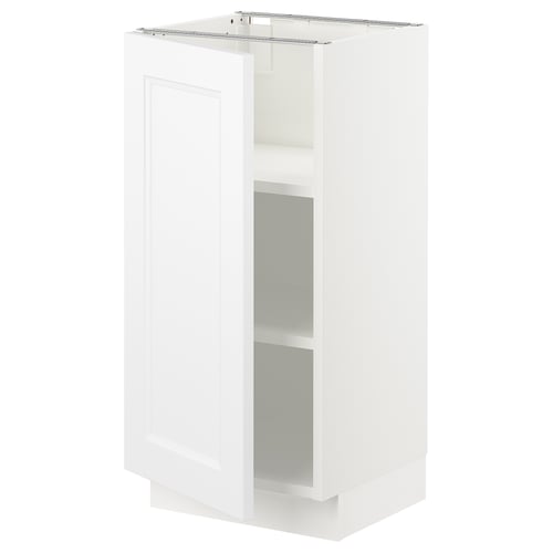 A SEKTION white kitchen cabinet with a door and open shelves, made of particleboard and melamine foil, in a rectangular and sleek design.