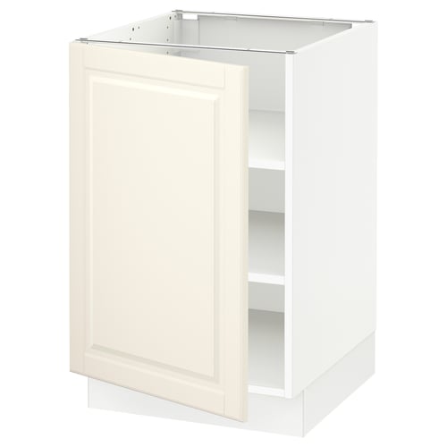 Off-white kitchen cabinet, rectangular, with bevelled edges and adjustable shelves.