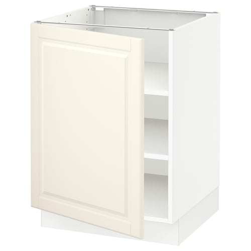 An off-white SEKTION kitchen cabinet with a single door and adjustable shelves. Its classic design bevelled edges and sturdy construction.