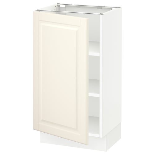 This image shows a white SEKTION kitchen cabinet with an off-white door, featuring bevelled edges and adjustable shelves.