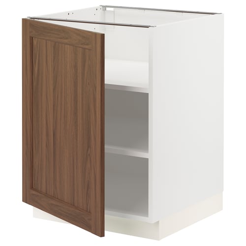 White SEKTION kitchen cabinet with walnut door, adjustable shelf, soft-close hinge.