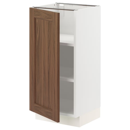 This image shows an ikea SEKTION kitchen cabinet with a white frame and a walnut-brown door featuring a panel design.