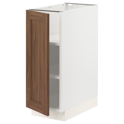 Open kitchen cabinet, white with walnut door, adjustable shelves, door hinges visible, clean design.