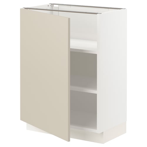 White & beige kitchen cabinet with open door and shelves.