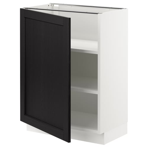A SEKTION kitchen cabinet in white with a black stained door and adjustable shelves. It has a square shape and modern design.