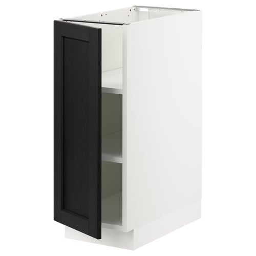 A white SEKTION kitchen cabinet with a black stained lerhyttan door. The door has a bevelled edge and is open, revealing glass shelves inside.