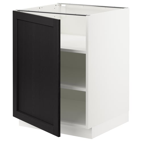 A white and black kitchen cabinet with a dark stained door and adjustable shelves.