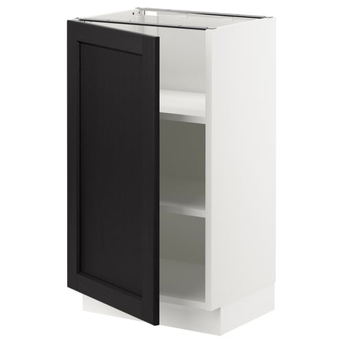An ikea SEKTION kitchen cabinet with a black stained lerhyttan door and white frame, featuring a glass shelf inside.