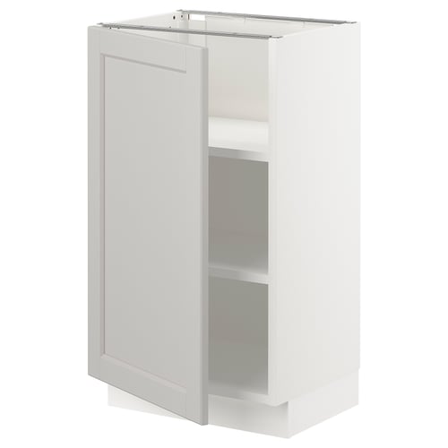 A white SEKTION kitchen cabinet with a grey lerhyttan door and adjustable shelf.
