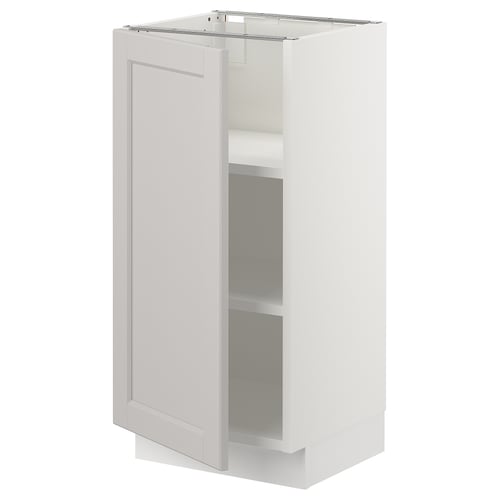 SEKTION, white kitchen cabinet with one door open, light grey lerhyttan fronts, adjustable shelves, classic design.