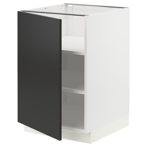 Modern kitchen cabinet in white with black door, minimalist design.