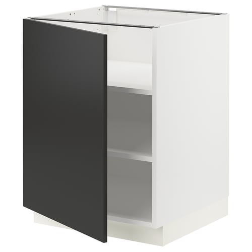 Modern white cabinet with black door, adjustable shelves.