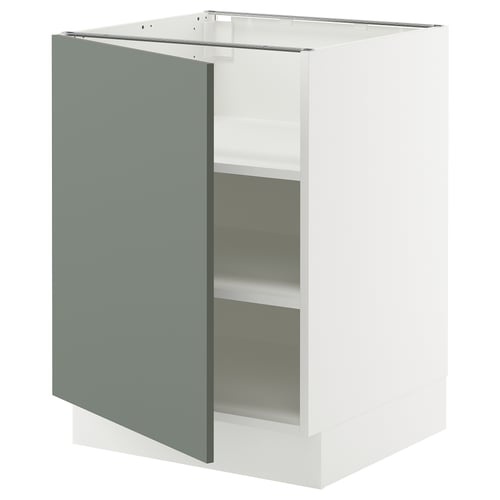 A modern white and green kitchen cabinet unit by SEKTION, featuring a tall cabinet with two glass shelves and a grey-green door.