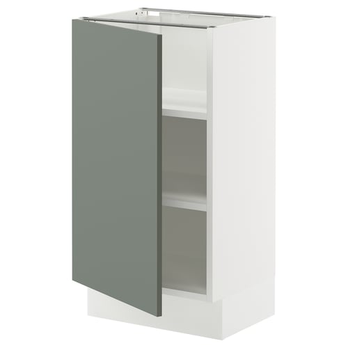 Ikea SEKTION cabinet with grey-green door, white base, adjustable shelves.
