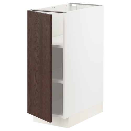White kitchen cabinet, dark brown door, sleek design with two shelves.