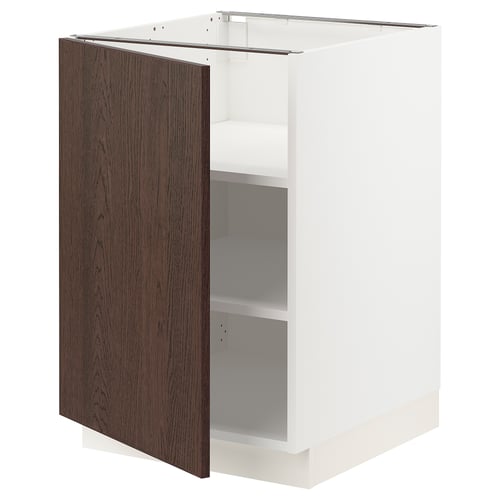 Modern kitchen cabinet, white with brown wood door, square shape, one visible shelf.