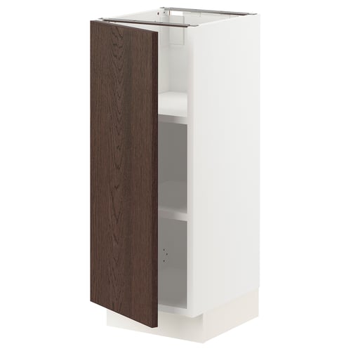 An open white SEKTION kitchen cabinet with dark brown sinarp oak veneer door.