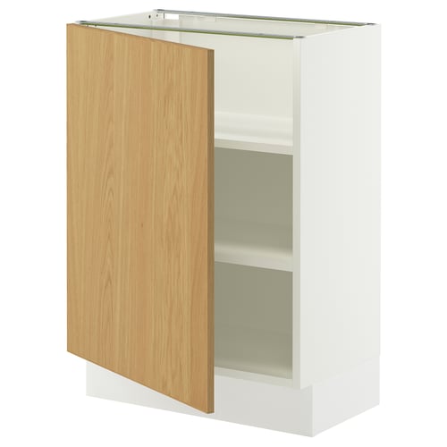 White and wooden cabinet, open door, adjustable shelves.