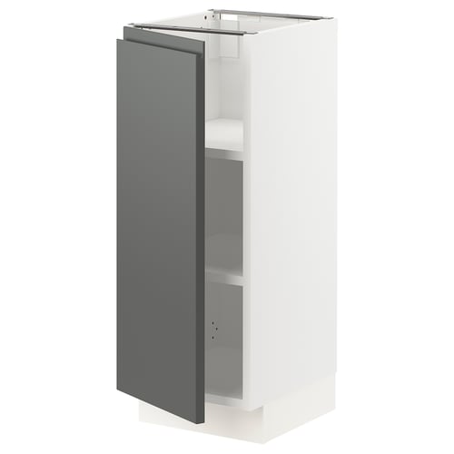 Modern white cabinet with grey door, adjustable shelves, hinged with damper, sleek design.