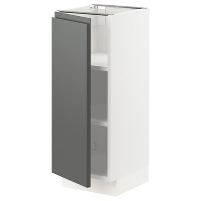 Modern white cabinet with grey door, adjustable shelves, hinged with damper, sleek design.