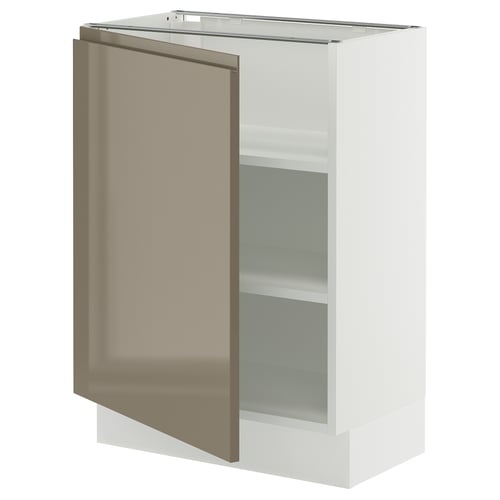 White SEKTION cabinet, high gloss dark grey-brown door, integrated handles, three shelves.