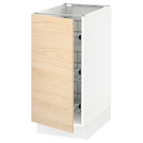 Wooden cabinet door opened, white frame handles visible.