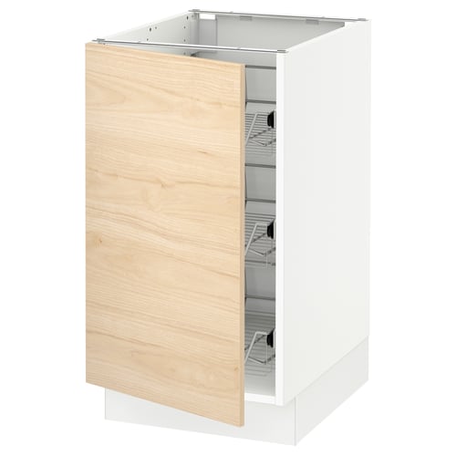 Wooden ikea SEKTION kitchen cabinet, light wood, white frame, open shelves.