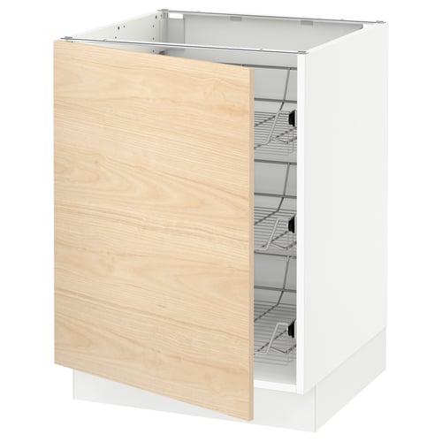Ikea SEKTION kitchen cabinet with open door, light ash wood fronts, wire shelves.