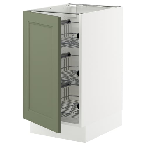 This image shows an open kitchen cabinet named SEKTION with grey-green doors, featuring wire baskets inside.