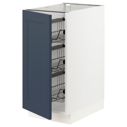 Ikea SEKTION white kitchen cabinet with blue door and three wire shelves.