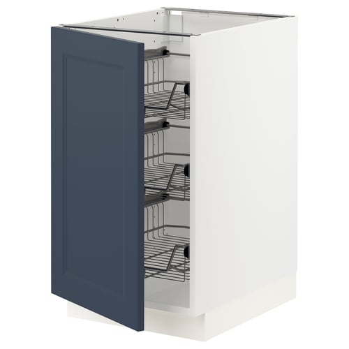 SEKTION blue kitchen cabinet with pull-out wire baskets.