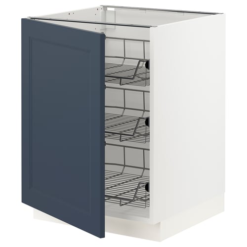 SEKTION kitchen cabinet in blue with pull-out wire baskets, modern design, white frame, sturdy and organised.