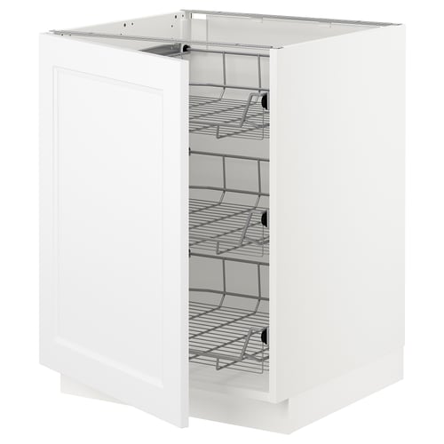 Displays a white SEKTION kitchen cabinet with wire shelves. The cabinet a pull-out system, suitable for storing pots, pans, and containers.