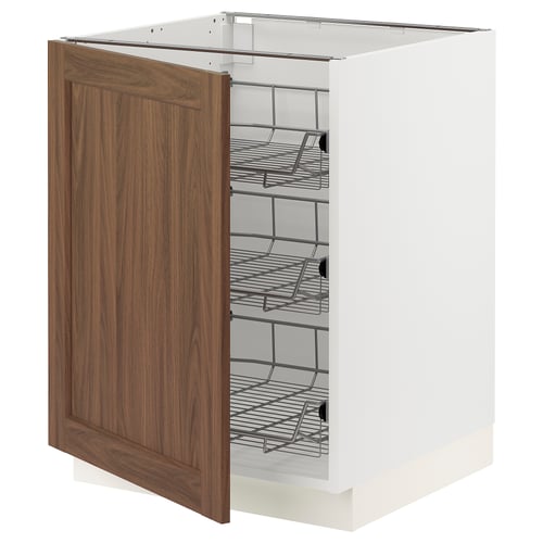 White kitchen cabinet with walnut door and wire shelves.