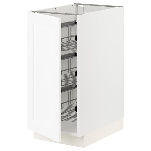 SEKTION white kitchen cabinet with pull-out wire baskets.