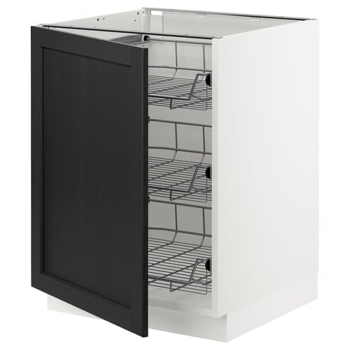 A SEKTION kitchen cabinet with a black stained lerhyttan door and wire shelves. Its white and square-shaped with smooth-run shelves for easy access.