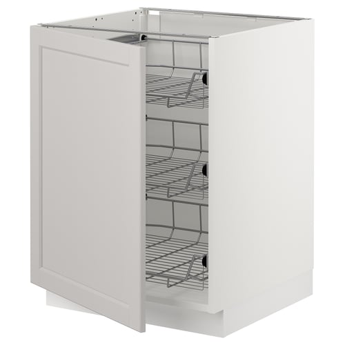 SEKTION white kitchen cabinet with pull-out wire baskets.